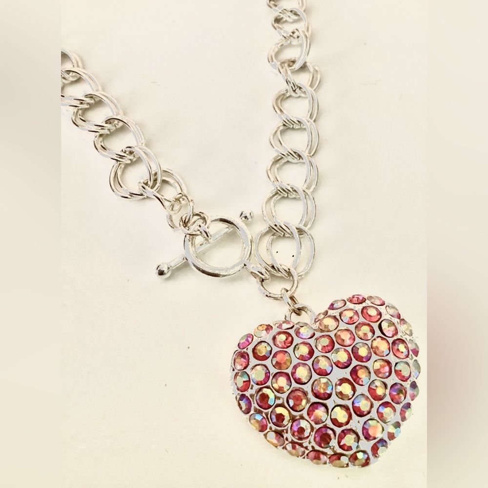 Pink Rhinestone Heart Toggle Necklace